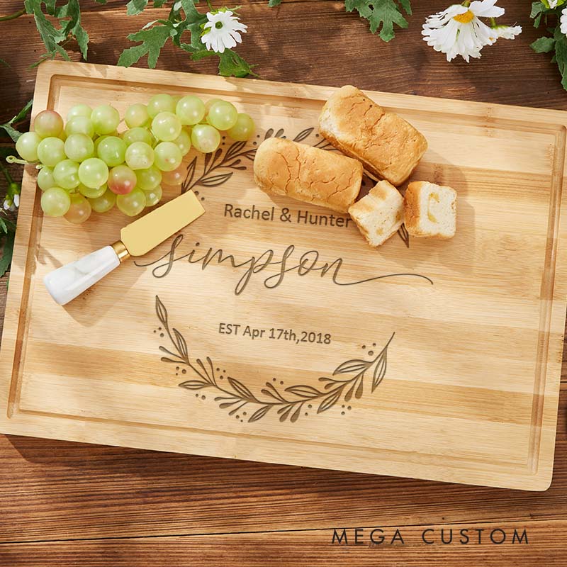 Personalized Couple Anniversary Cutting Board Engraved Bamboo Cutting Board for Husband Wife Anniversary Elegant Leaf Wreath Design Cutting Board