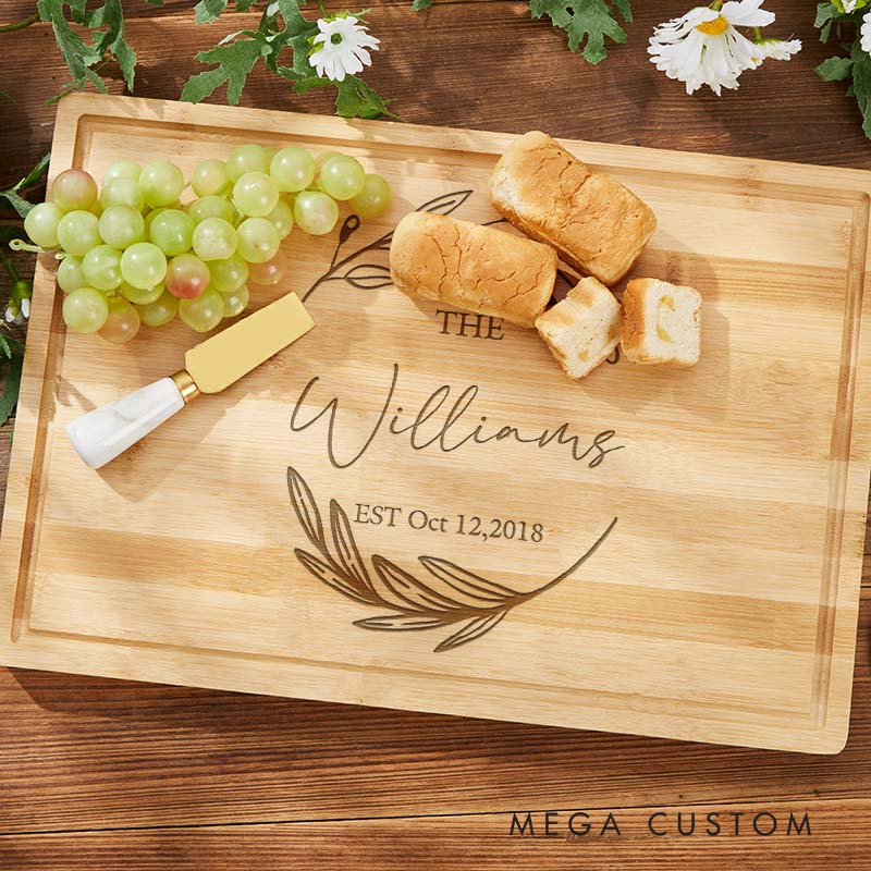 Personalized Anniversary Cutting Board Rustic Bamboo Cutting Board for Husband Wife Leaf Wreath Design Anniversary Cutting Board
