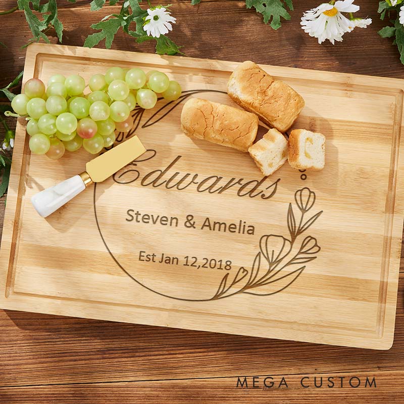 Personalized Couple Anniversary Cutting Board Husband Wife Wooden Anniversary Cutting Board Bamboo Floral Circle Design Cutting Board
