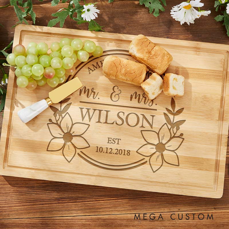 Personalized Floral Mr. and Mrs. Couple Bamboo Cutting Board Husband Wife Wooden Anniversary Cutting Board Couple Anniversary Gift for Her Him