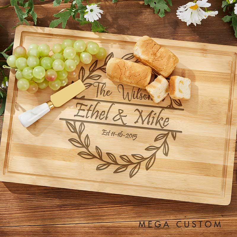 Personalized Bamboo Cutting Board Couple Wooden Anniversary Cutting Board Laurel Wreath Design Cutting Board for Husband Wife