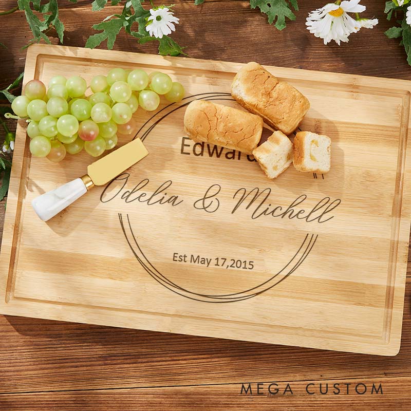 Personalized Mr. and Mrs. Bamboo Cutting Board Couple Wooden Anniversary Cutting Board Husband Wife Elegant Circle Design Cutting Board