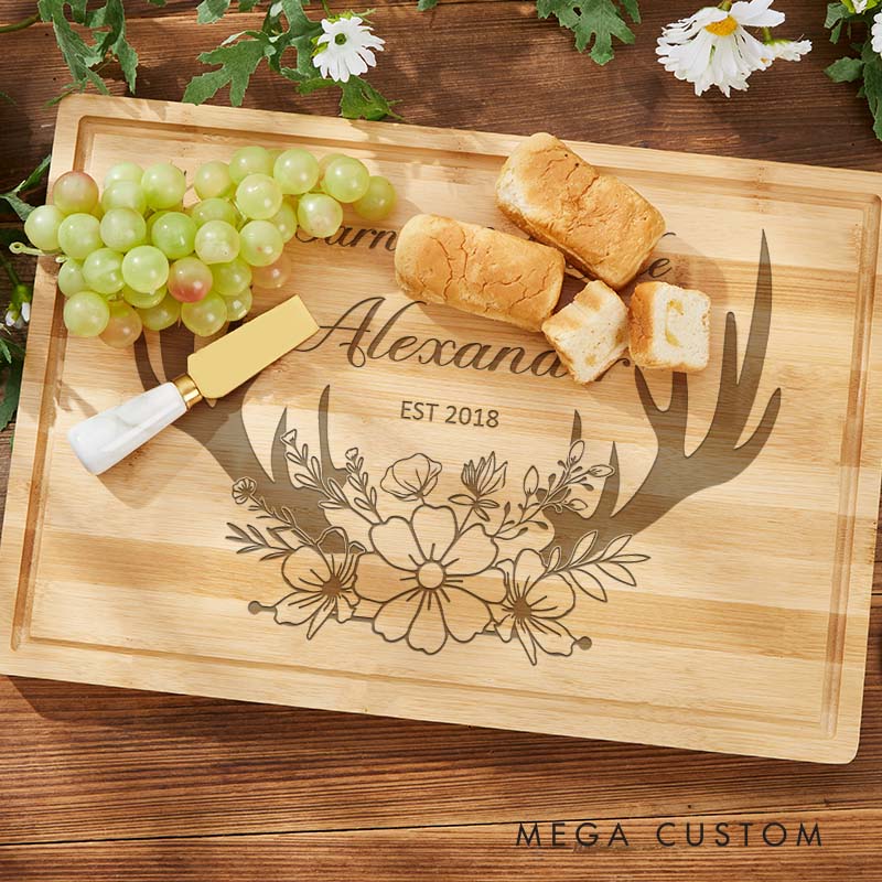 Personalized Couple 5 Years Anniversary Bamboo Cutting Board Husband Wife Wooden Anniversary Cutting Board Rustic Antler Floral Design Cutting Board