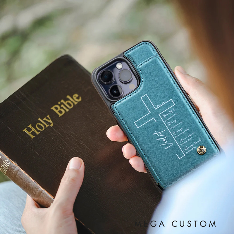 Personalized Cross Bible Leather Flip Wallet Phone Case for iPhone with Name RFID Blocking Card Holder Baptism Birthday Gift for Christian
