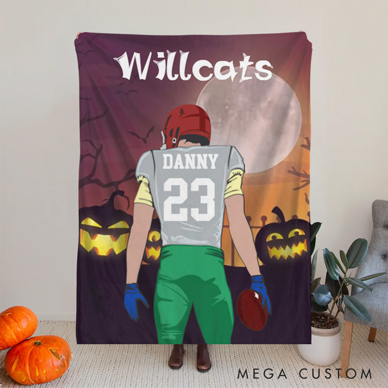 Personalized Halloween Football Spirit Blanket with Your Name and Jersey Number, Celebrate Your Star Player