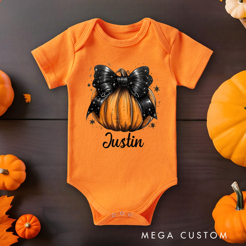 Personalized Pumpkin Bow Design Baby Bodysuit with Name Halloween Baby Shower Gift for Baby Newborn