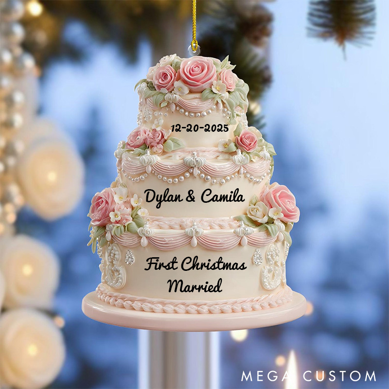 Personalized First Christmas Married Ornament Romantic Floral Wedding Cake Christmas Ornament Couple Acrylic 2D Flat Flower Cake Christmas Ornament