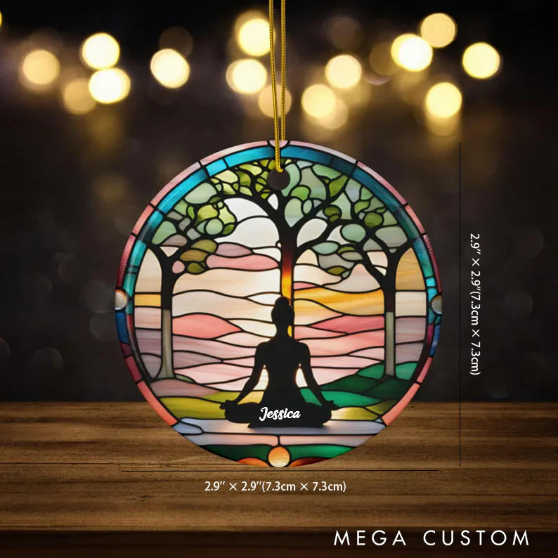 Personalized Yoga Ornament with Stained Meditating Design Yoga Namaste Ceramic Ornament for Yoga and Mindfulness Lover