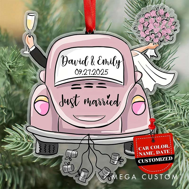 Personalized Couple Wedding Floral Car Acrylic Christmas Ornament Newlywed Just Married Xmas Christmas Ornaments for Husband Wife Hubby Wifey