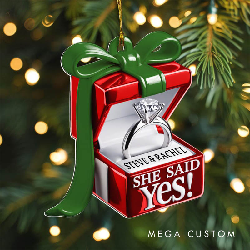 Personalized Couple Engagement She Said Yes Ring Box Acrylic Custom Christmas Ornament Newlywed Name Xmas Christmas Ornaments for Husband Wife