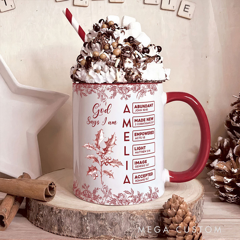 Personalized Toile De Jouy Birth Flower Bible Chapter Ceramic Inner Color Mug with Name Religious Gift Birthday Gift for Christians