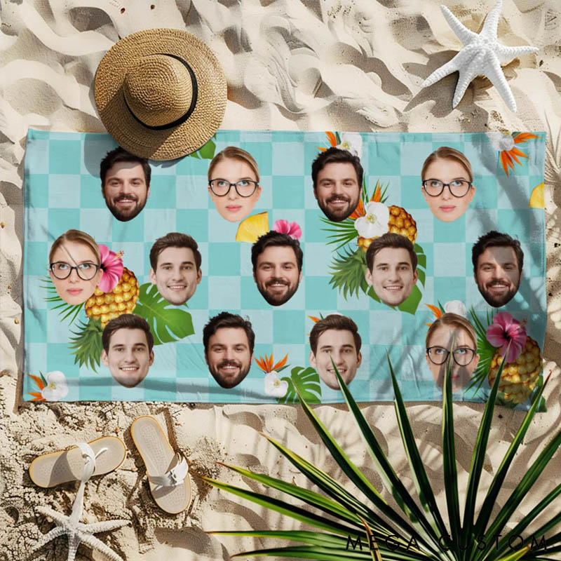 Personalized Colorful Plaid Flower Face Photo Soft Quick Dry Oversized Beach Towel Travel Essential Beach Party Gift for Friends