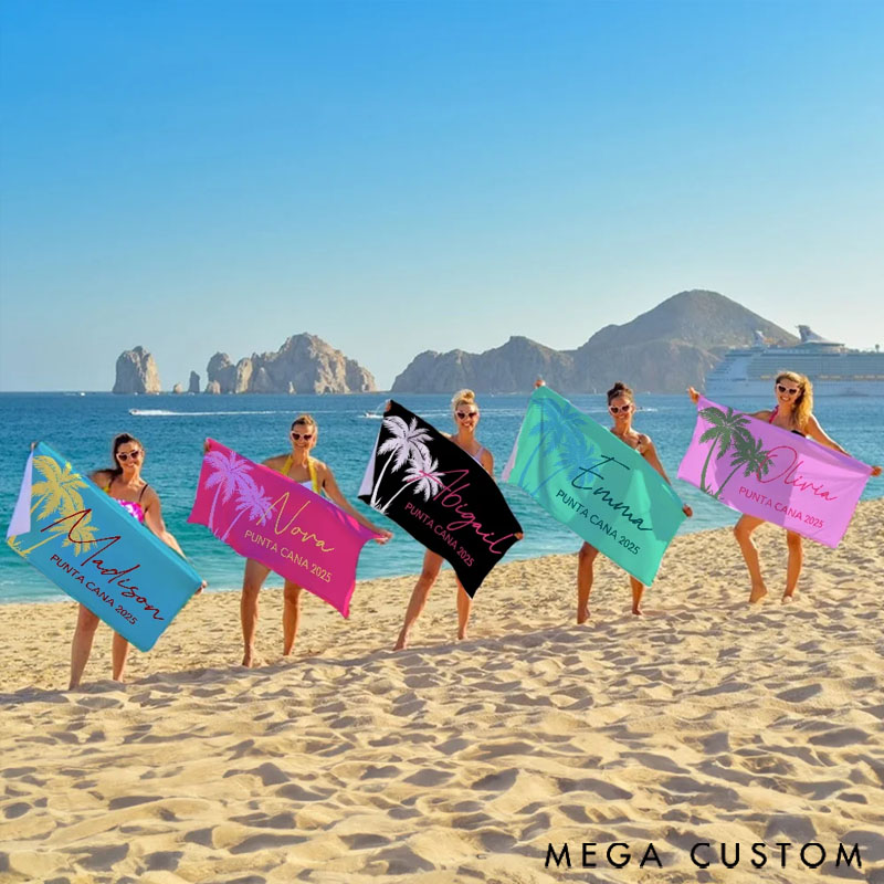 Personalized Multicolor Palm Tree Beach Towel Super Absorbent Oversized with Name and Text Gift for Traveler