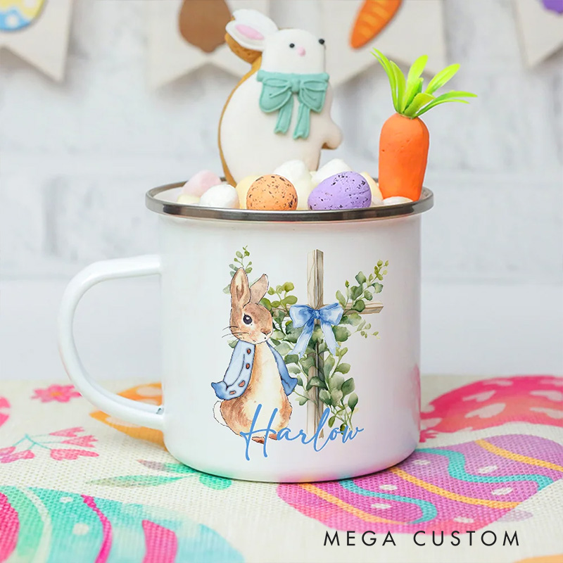 Personalized Cute Rabbit Bow Cross Enamel Mug with Name Religious Gift Birthday Easter Gift for Kids