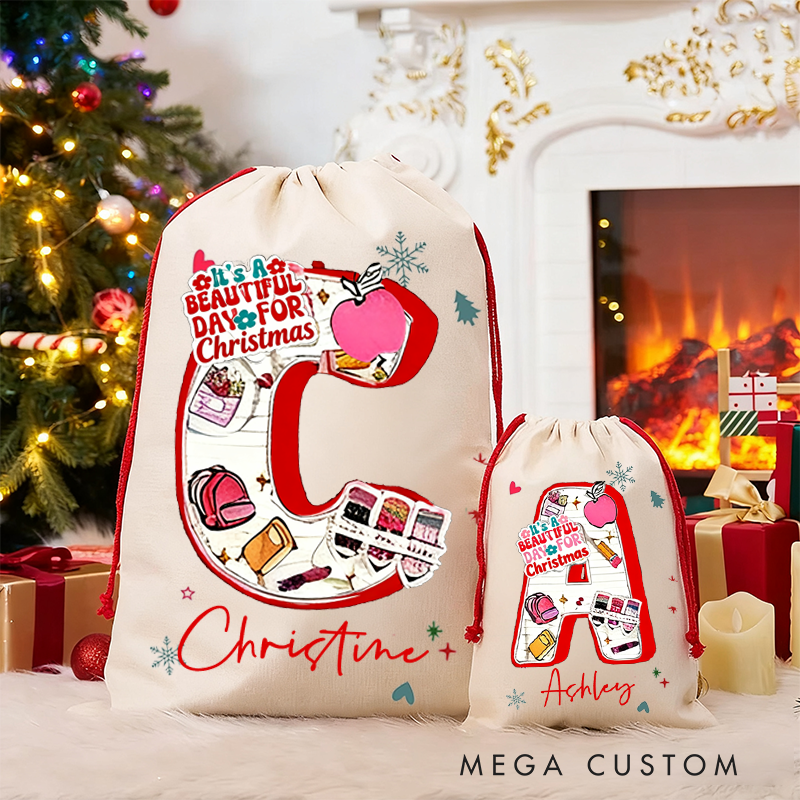 Personalized Teacher Christmas Gift Sack Beautiful Day Design Santa Bag