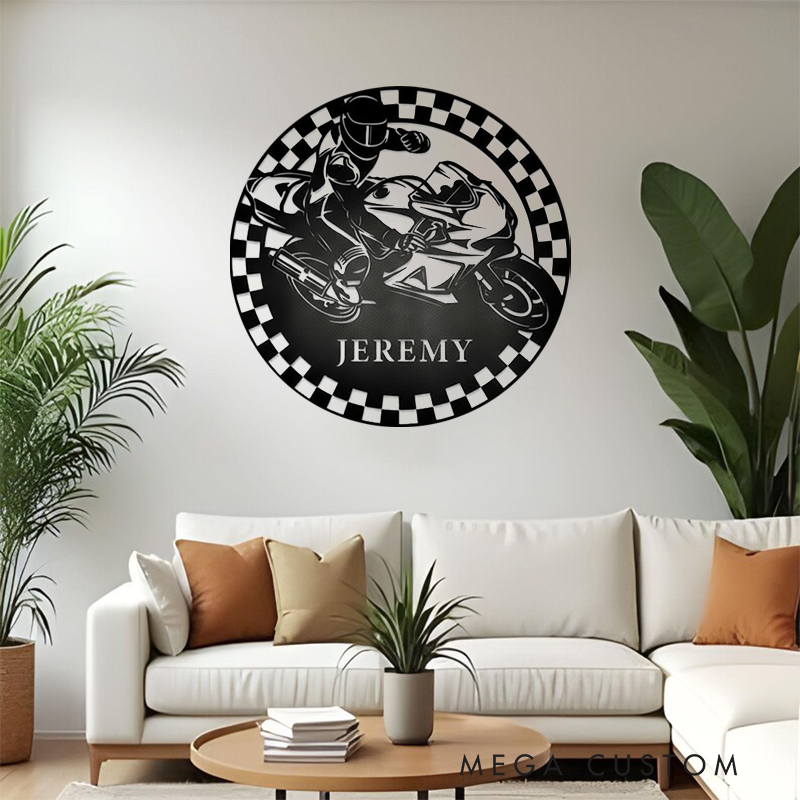 Personalized Motorcycle Racing Metal Sign Custom Name Round Wall Art Biker Garage Decor Gift for Racers and Motorcycle Lovers