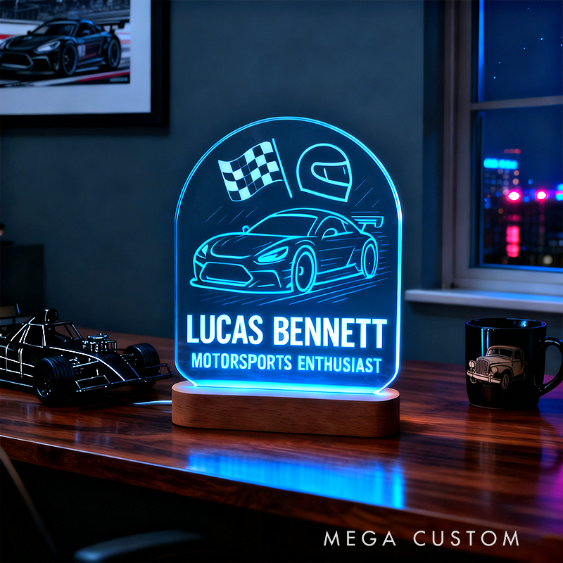 Personalized Night Light Custom LED Lamp with Check Flag Design Unique Gift for Racers and Racing Lovers