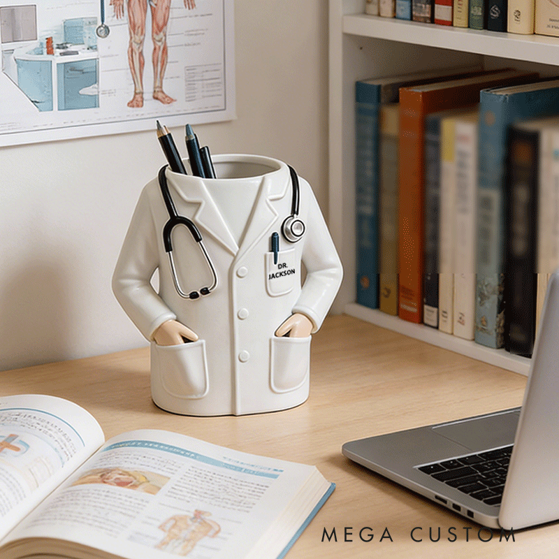 Personalized Doctor Coat Pencil Holder Custom Name Medical Desk Organizer 3D Printed Gift for Doctors Nurses and Med Students