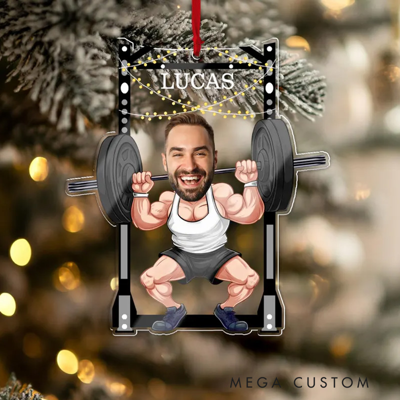 Personalized Body Builder Christmas Ornament Gift with Custom Photo for Fitness Enthusiasts Bodybuilders and Gym Lovers