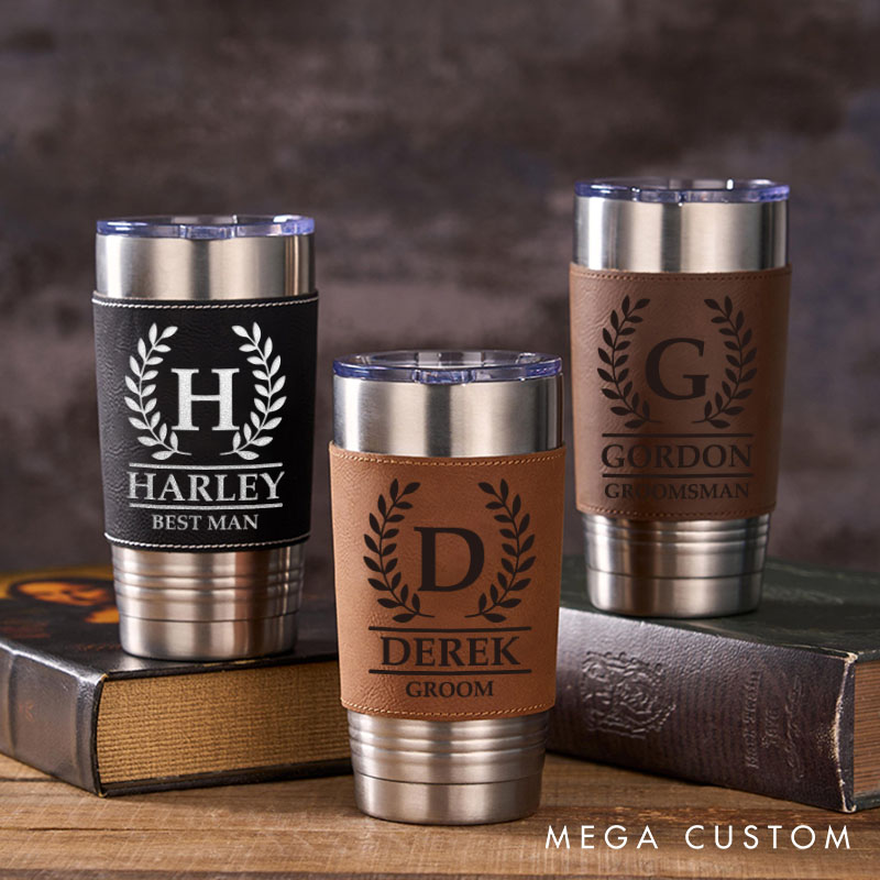 Personalized Engraved Groomsmen Tumbler 20oz Groomsman Tumbler with Leather Sleeve Men’s Coffee Mug for Groom Best Man Wedding Party Gift Tumbler