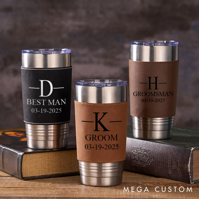 Personalized Wedding Party Tumbler Men’s 20oz Leather Tumbler Custom Groomsmen Gift Tumbler Groom Gift Best Man Bachelor Party Coffee Mugs