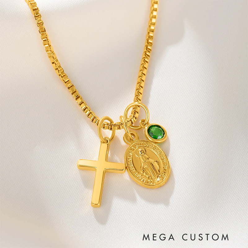 Personalized Virgin Mary Cross Necklace with Birthstone Dainty Jewelry Birthday Gift Religious Gift for Christian Women 