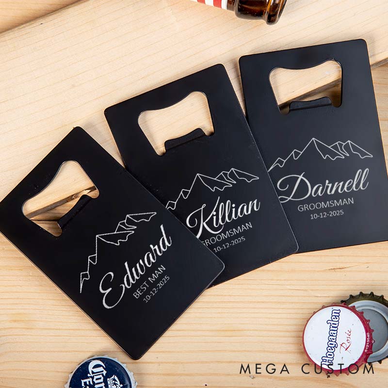 Personalized Groomsman Credit Card Bottle Opener Engraved Mountain-Themed Bottle Opener Groomsman Opener for Him Bachelor Favors Opener