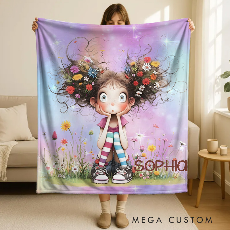 Personalized Cute Cartoon Quirky Girl Blanket With Name Magic Dream Background Girls Gift