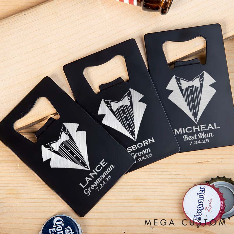 Personalized Groomsman Credit Card Bottle Opener Engraved Groom Tuxedo-Themed Bottle Opener Groomsman Opener for Him Wedding Favors Opener