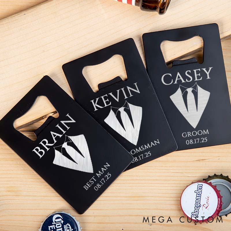 Personalized Groom Groomsman Bottle Opener Engraved Suit-Themed Credit Card Bottle Opener Groomsman Bachelor Opener Wedding Party Bottle Opener