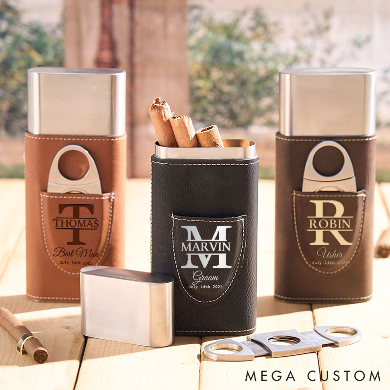 Personalized Groomsman Leather Cigar Case Engraved Monogrammed Groomsmen Cigar Holder with Cutter Groom Bachelor Favors Cigar Case Leather Cigar Accessories