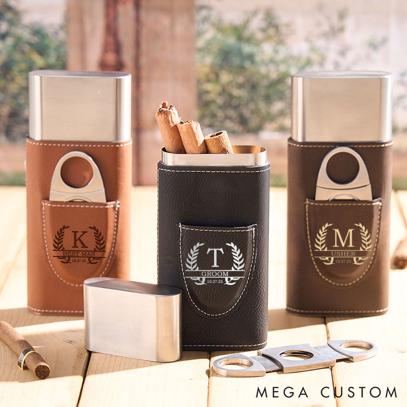 Personalized Groomsman Leather Cigar Case Engraved Men's Wedding Party Cigar Holder with Cutter Bachelor Favors Cigar Case Leather Cigar Accessories