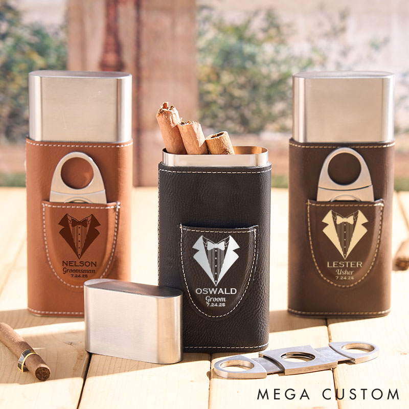 Personalized Groom Leather Cigar Case Tuxedo-Themed Best Man Cigar Holder with Cigar Cutter Wedding Party Favors Gift for Him Men's Leather Cigar Accessories