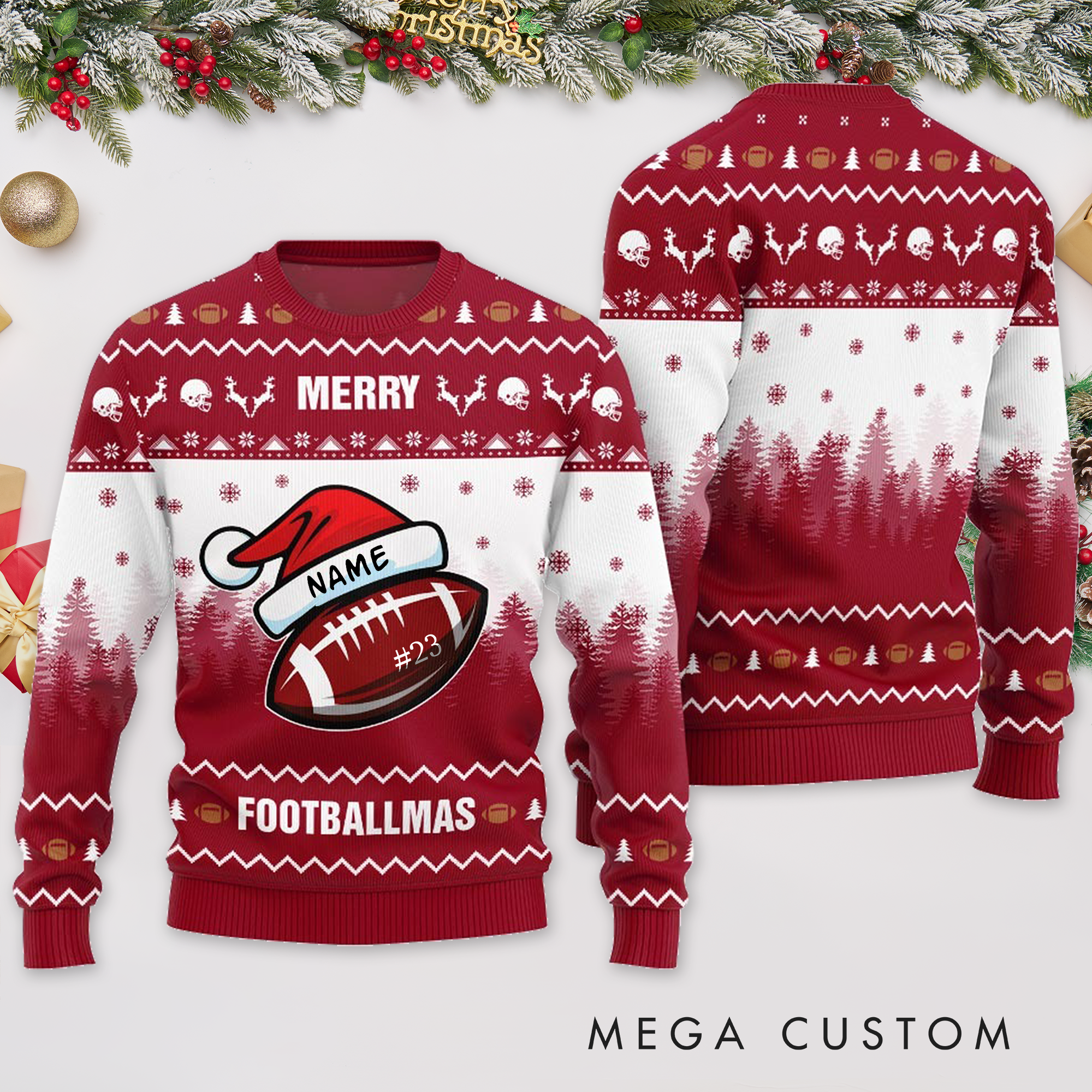 Personalized "Merry Footballmas" Christmas Sweater with Custom Name and Number