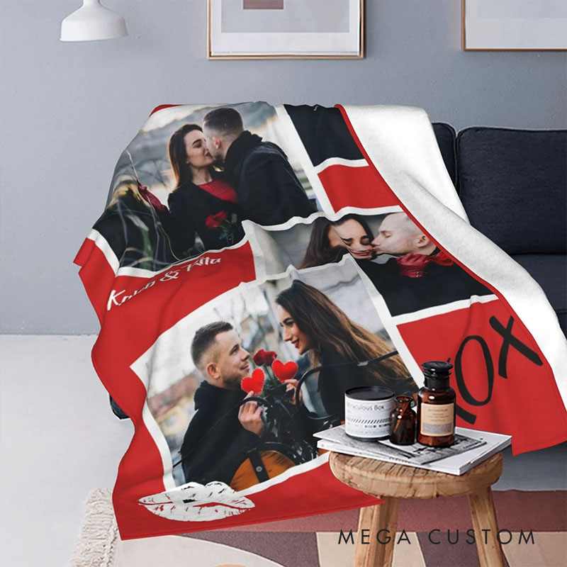 Personalized Couple XOXO Lip Print Photo Collage Fleece Blanket with Name Couple Photo Valentine's Day Blanket for Husband Wife Boyfriend Girlfriend