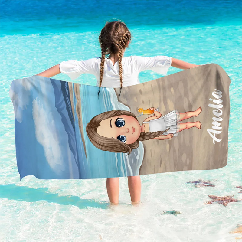 Personalized Sky Blue Sunset Cartoon Quick Dry Oversized Microfiber Beach Towel with Name Summer Travel Essentials Birthday Gift for Family Friends