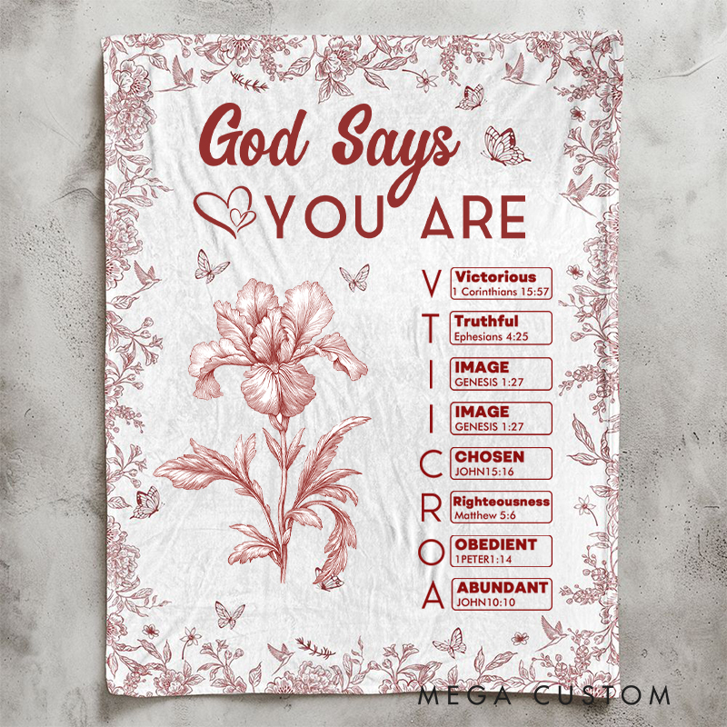 Personalized God Says I Am Name Letter In Bible Toile De Jouy Style Soft Throw Blanket Baptism Birthday Christmas Gift for Women Christians