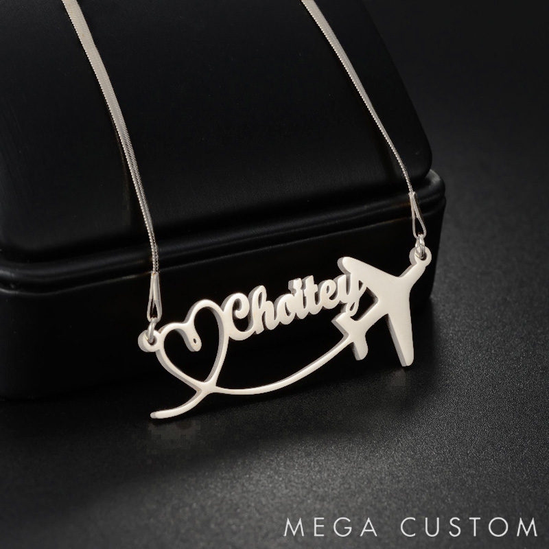 Personalized Name Necklace for Travel Enthusiasts Heart-Shaped Airplane