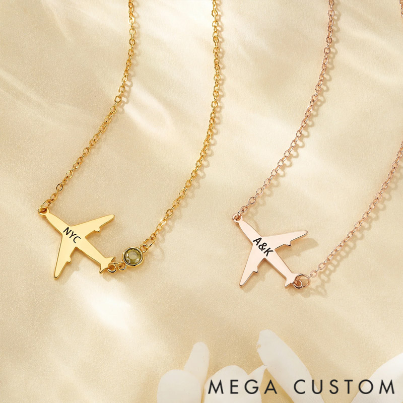 Personalized Airplane Necklace Dainty Jewelry with Birthstone and Text Birthday Anniversary Gift for Women Travel Lovers Pilots Flight Attendants