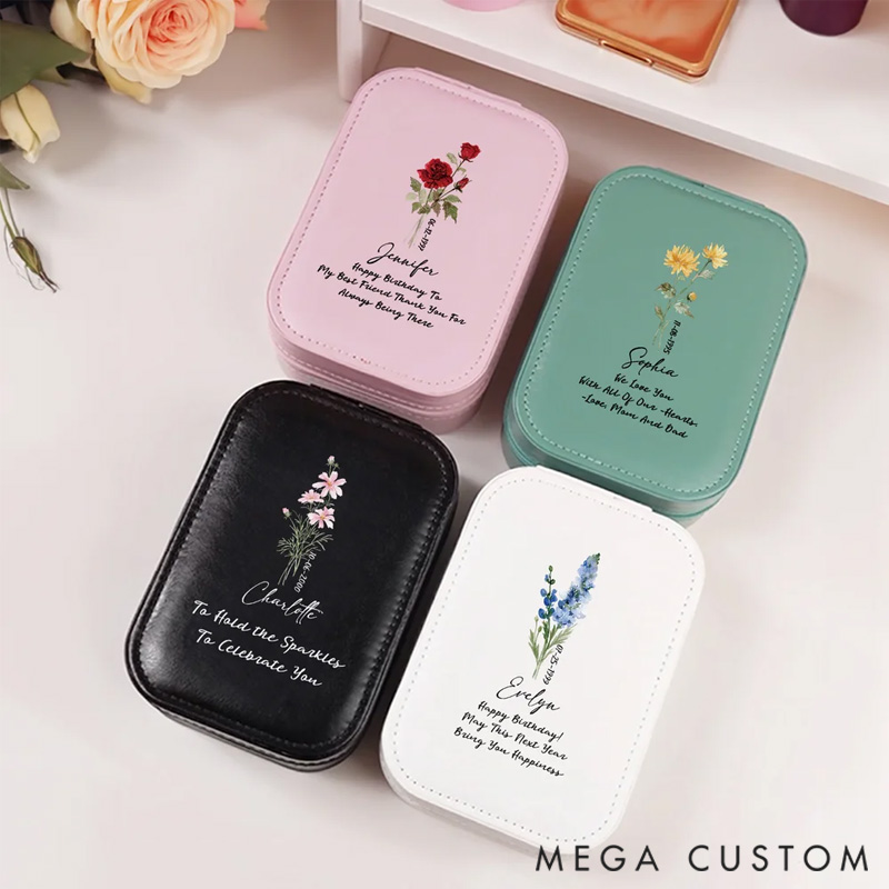 Personalized Birth Flower PU Leather Jewelry Box with LED Three-Color Adjustable Mirror and Text Name Date Travel Essential Birthday Gift for Women
