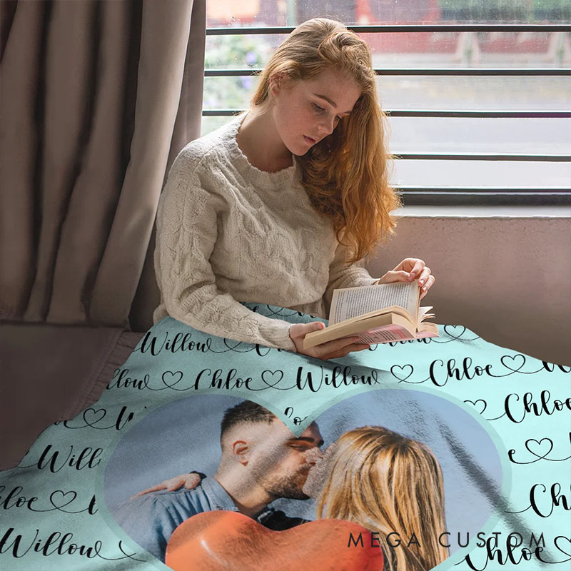 Personalized Heart Couple Photo Blanket with Couple Name Custom Newlywed Name Blanket Valentine's Day Gift for Husband Wife Boyfriend Girlfriend