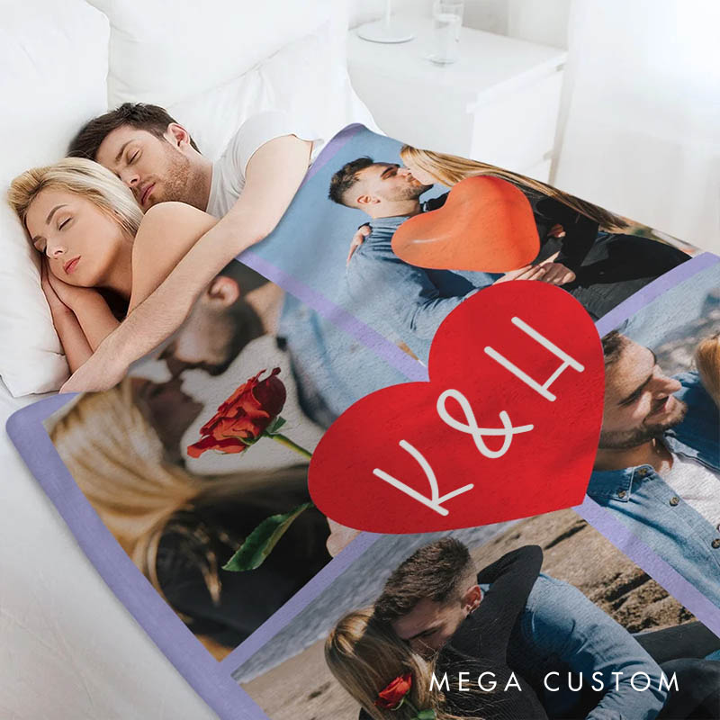 Personalized Couple Heart Collage Photos Blanket with Initials Custom Newlywed Blanket Valentine's Day Gift for Husband Wife Boyfriend Girlfriend