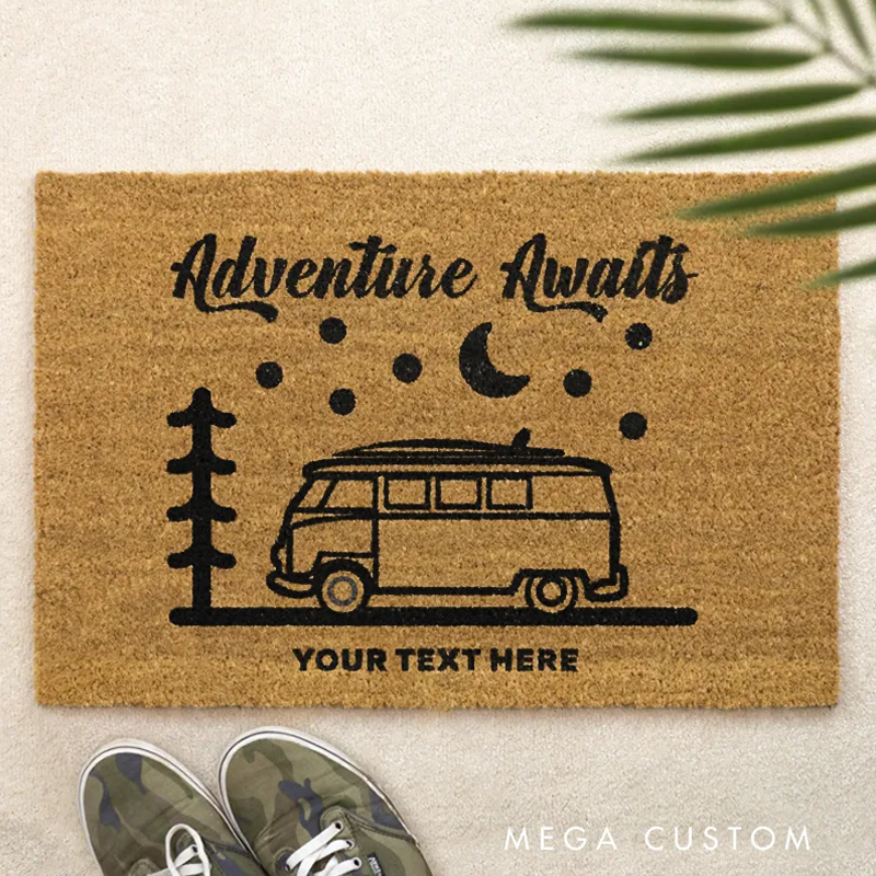 Personalised Brush Door Mat Front Door Mat Custom Adventure Awaits Camper Van Couple Gift Family Name