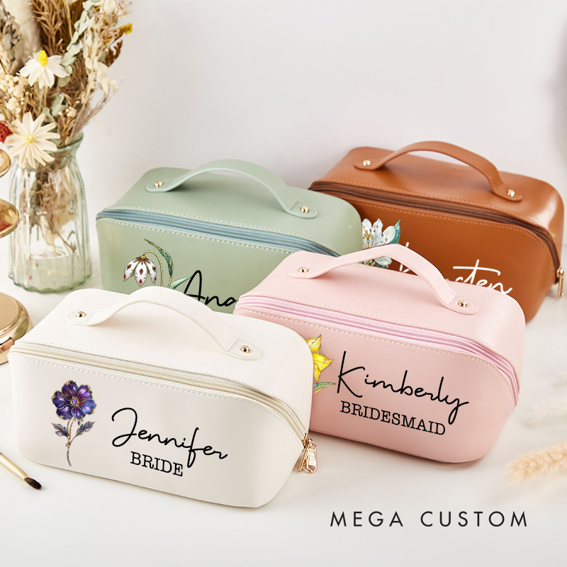 Personalized Retro Oil Painting Birth Flower with Birthstone Large Cosmetic Bag Bridesmaid Bride Make Up Bag
