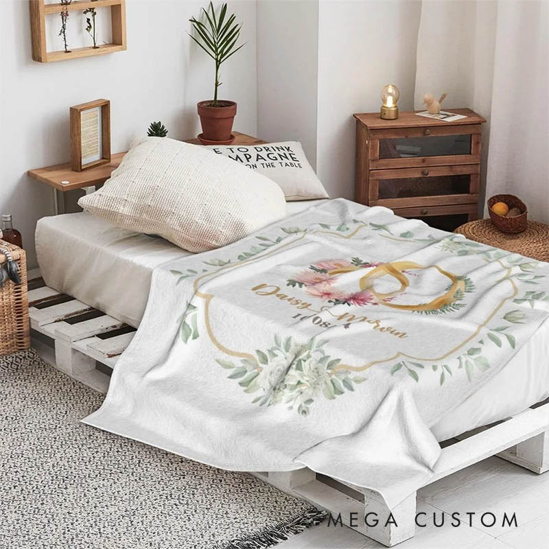 Personalized Couple Birth Flower and Birth Leaf Ring Blanket Newlyweds Name and Date Wedding Blanket Valentine's Day Gift for Husband Wife Hubby Wifey