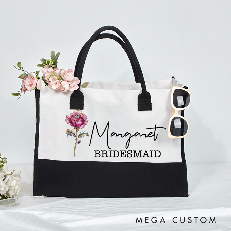 Personalized Retro Oil Painting Birth Flower Large  Bridesmaid Jute Tote Bag Bride Burlap Tote Bag