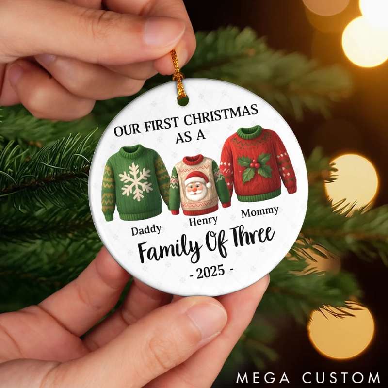 Personalized Ceramics Round Shape Our First Christmas Together Cute Santa Sweater Christmas Ornament 