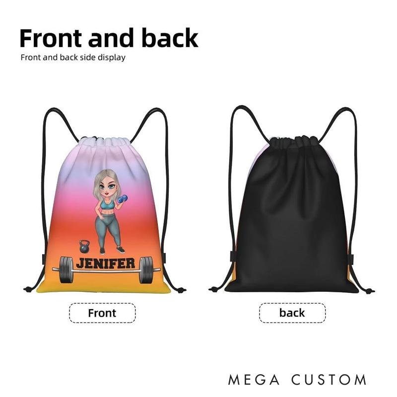 Personalized Cartoon Fitness Girl Design Water Resistant Drawstring Backpack with Name Gym Workout Birthday Gift for Sports Fitness Lovers