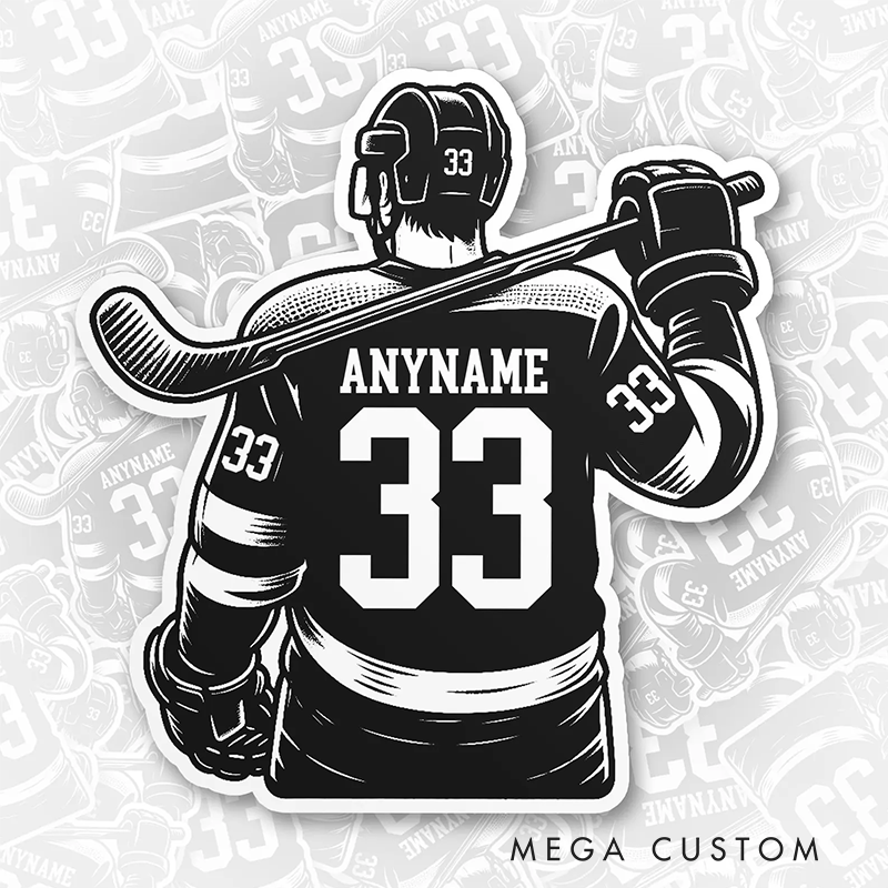 Personalized Hockey Player Back View Sticker and Custom Name and Number