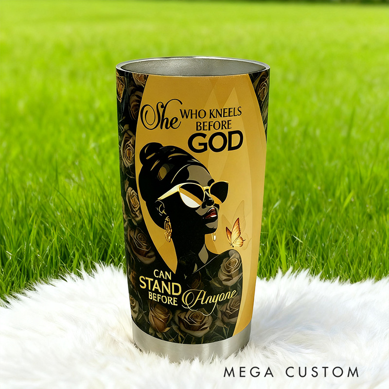 Personalized she who Kneels Before God can Stand Before Anyone 20oz Stainless Steel Tumbler with Name Religious Gift for Christians